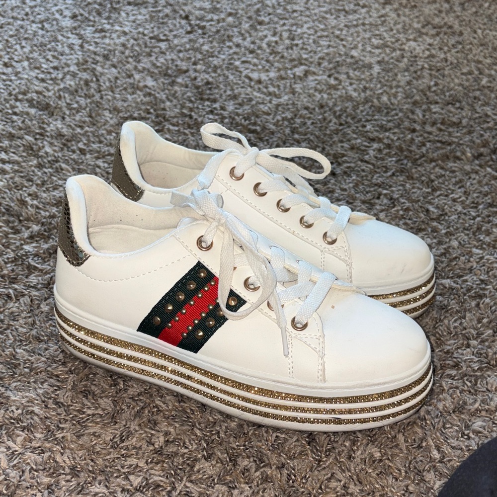 White Platform Sneakers with Gold Accents
